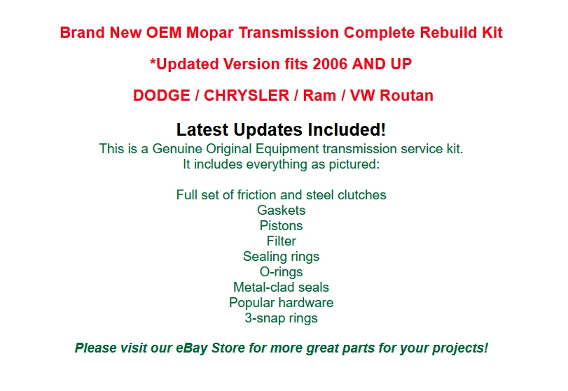 原装原始设备制造商 Mopar 68272623AB 变速器主重建套件 62TE 06-17 手枪 — 第 3/3 张图片