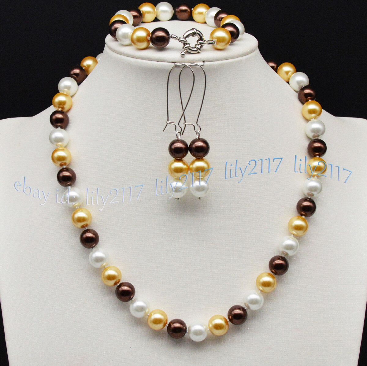 AA 8/10/12mm White Yellow Brown Round Shell Pearl Necklace Bracelet Earrings Set