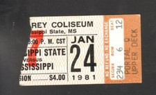 Boleto de baloncesto del estado de Ole Miss vs Mississippi 24 de enero 1981 Humphrey Colise