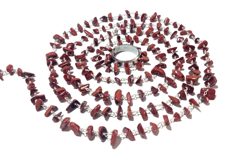 Red Jasper Stone Chip 4-6mm Beads Rosary Beaded Chain Silver Plated 5 Feet - Image 3 of 4