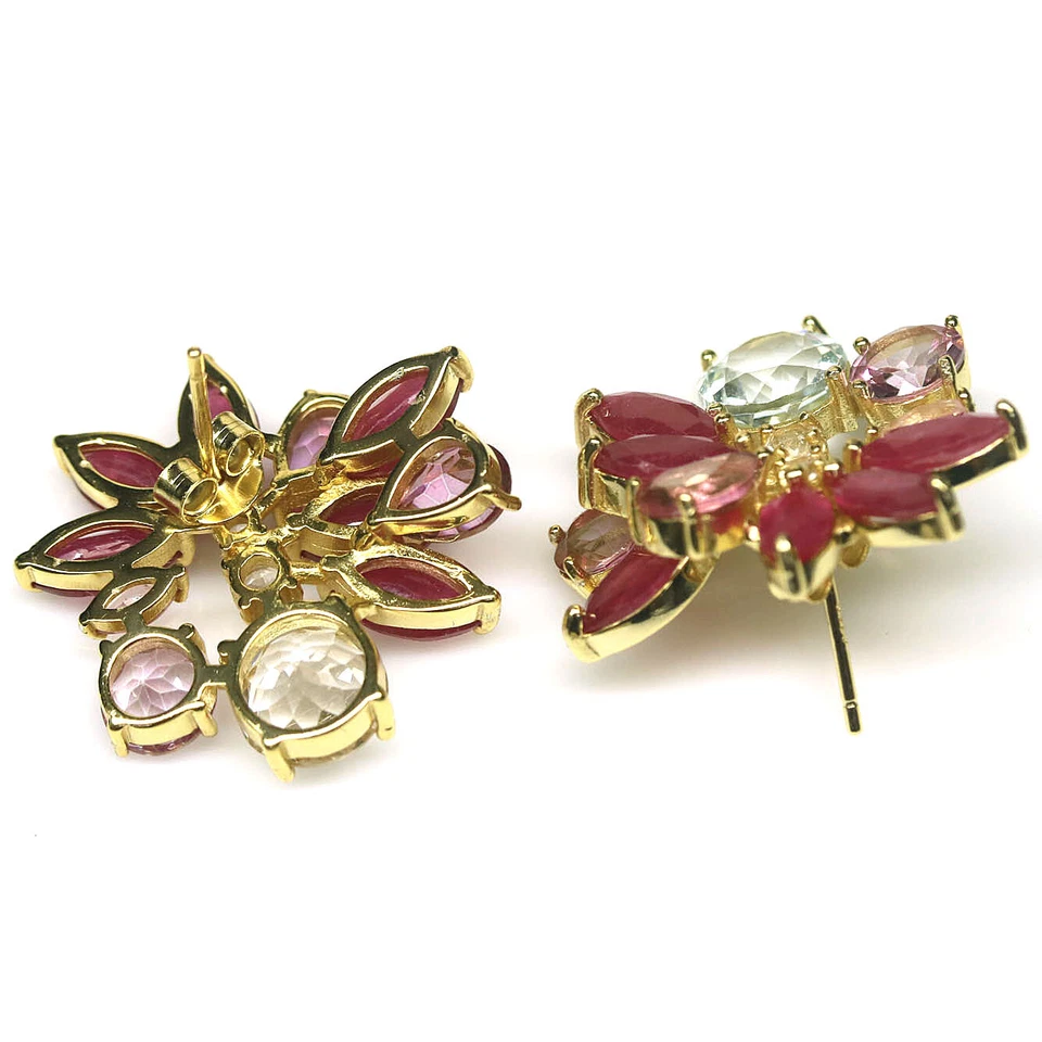 Pendientes de piedras preciosas blanco-rosa topacio místico y rubí rojo plata 925 oro 18K Foto 3 de 4