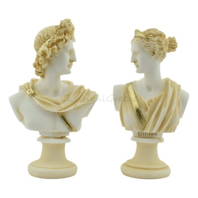 Statue Ancient Greek Gods Apollo Artemis Busts 5.90'' - 15cm Cast Marble