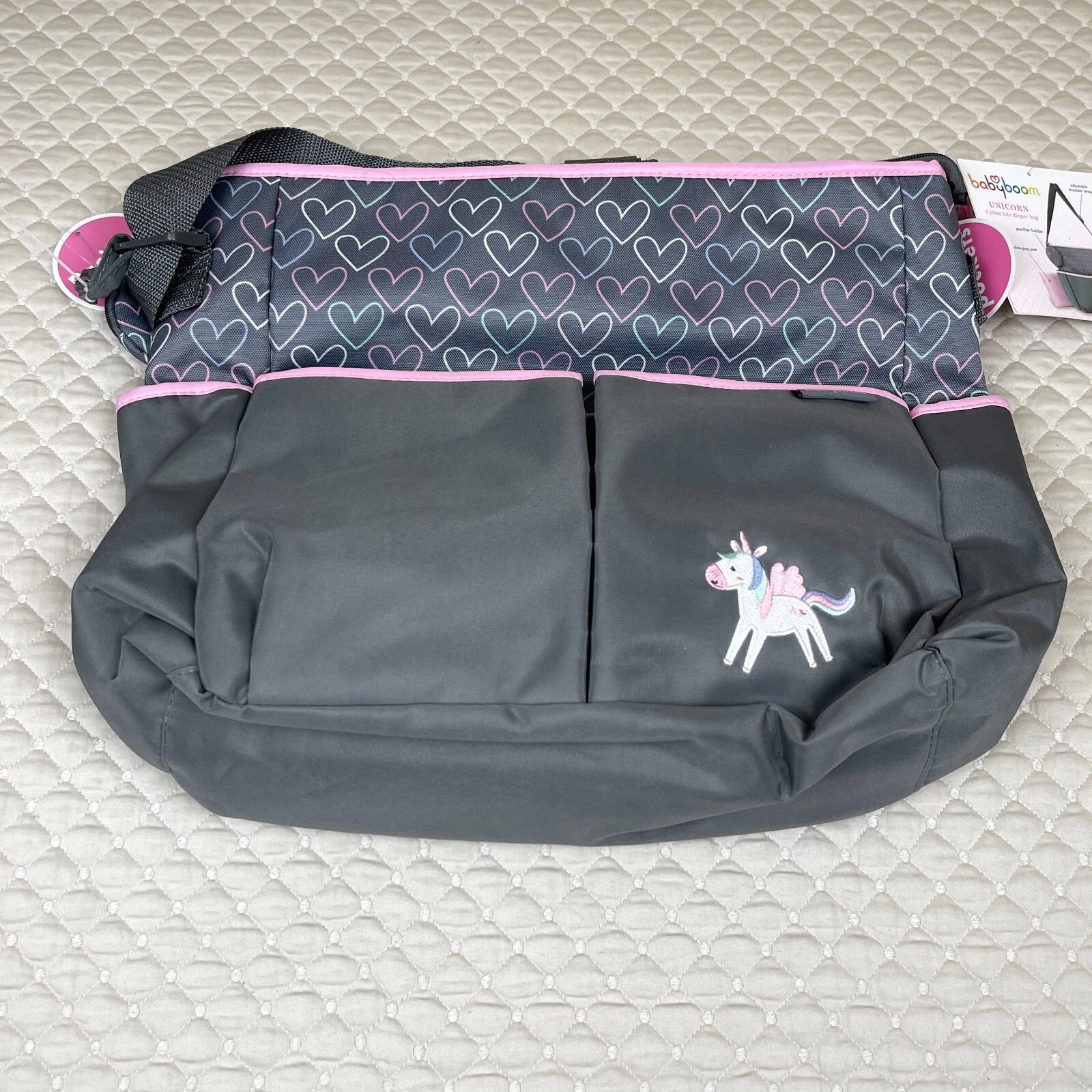 Baby Boom Baby Diaper Bag Unicorn Hearts Gray 5 Pockets Changing Pad NEW
