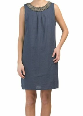 Lina Tomei Linen Dress Sz S Blue Beaded Embellished Neckline