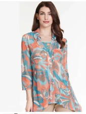 Multiples Colorful Retro Floral Print Mesh 3/4 Roll Tab Sleeve High Low Hem Top