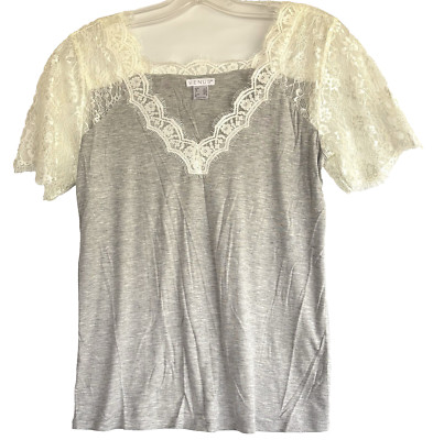 Venus Women Top T-Shirt Size M Gray with Lace Short Sleeve V-Neck