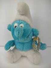 1980 Smurf Bean Bag Plush Stuffed Animal W Tag Vintage 8" tall toy  vtg blue