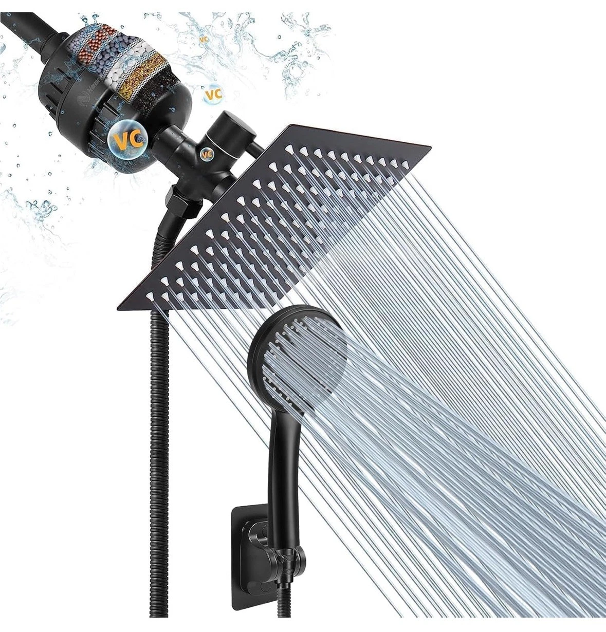 Filtered Rain Shower Head, High Pressure 8″Square, and 5 Settings Handheld Showe