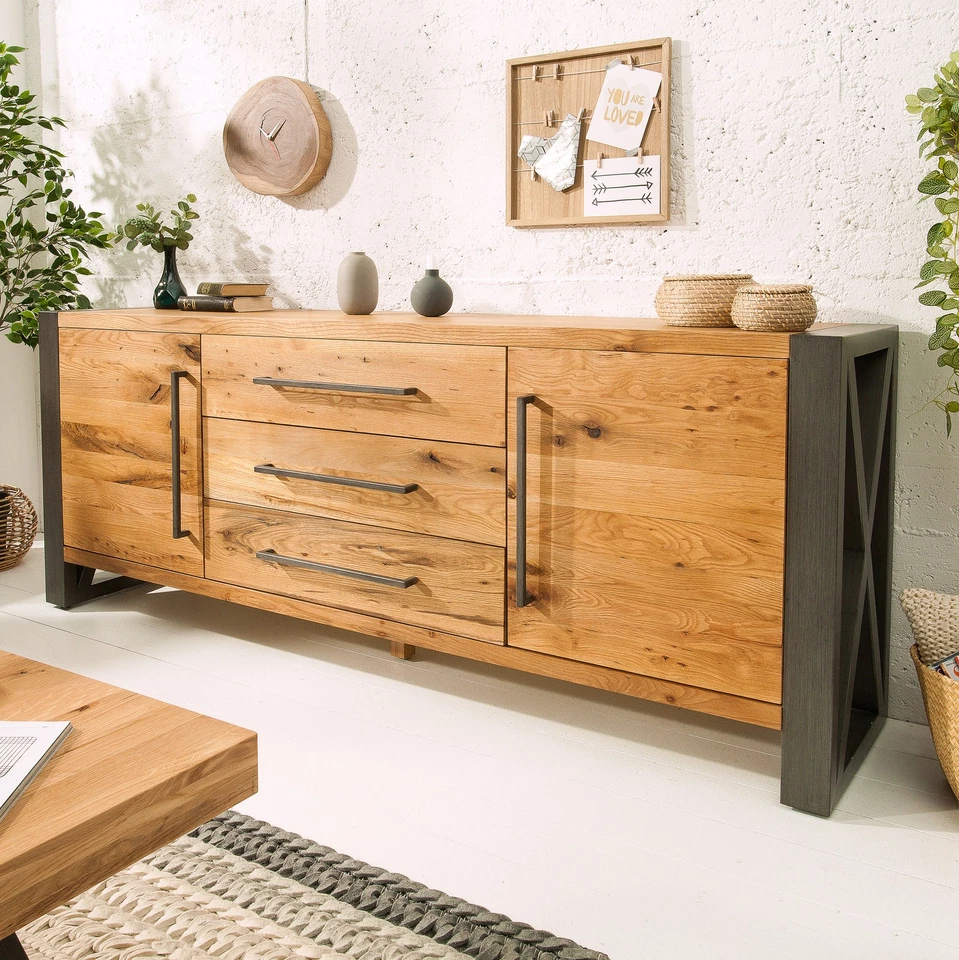 Massivholz Sideboard THOR - 200cm - natur - Wildeiche Metall - mit Schubladen - Bild 1 von 4