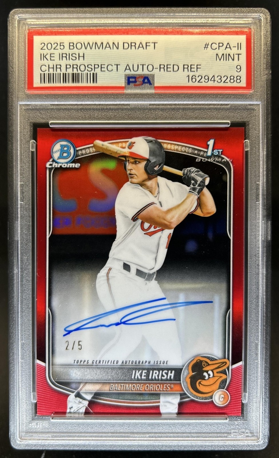 2025 Bowman Draft Ike Irish Chrome Auto Red Refractor 1st #/5 Orioles PSA 9