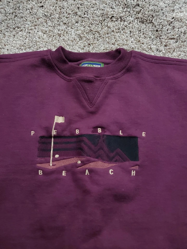Sudadera vintage de playa de guijarros para hombre mediana borgoña cuello redondo bordado de golf Foto 4 de 4