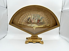 Antique Hand Painted Bone Fan Framed Victorian c.1880 Aristocratic Salon Scene
