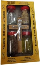 Holy Water, Anointing Oils, Incense Four (4) Bottles Set - Aluminum Crucifix