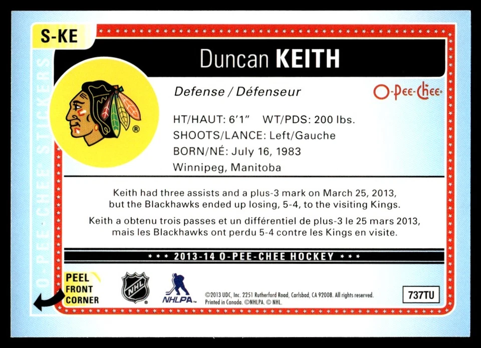 2013-14 O-Pee-Chee Stickers Duncan Keith Chicago Blackhawks #S-KE - Image 2 of 2