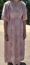 Polagram Dusty Rose Pink Lace Leave Etched Dress fairy Boho Sleeve SZ MED 