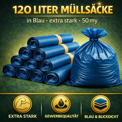 120L Müllsäcke - Blau 50my - extra stark blickdicht, Abfallsäcke Gewerbe - NEU