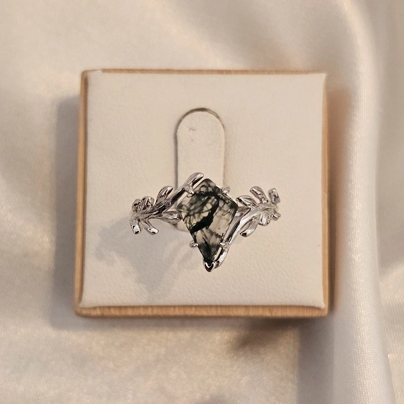 Olive Grove Moss Agate Ring 925 Silver With Platinum Plating — 第 3/4 张图片