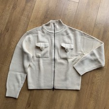 Image of M&S Women's Ribbed Cardigan Size M Cream Zip Up Funnel Neck Pockets NEW No Tags