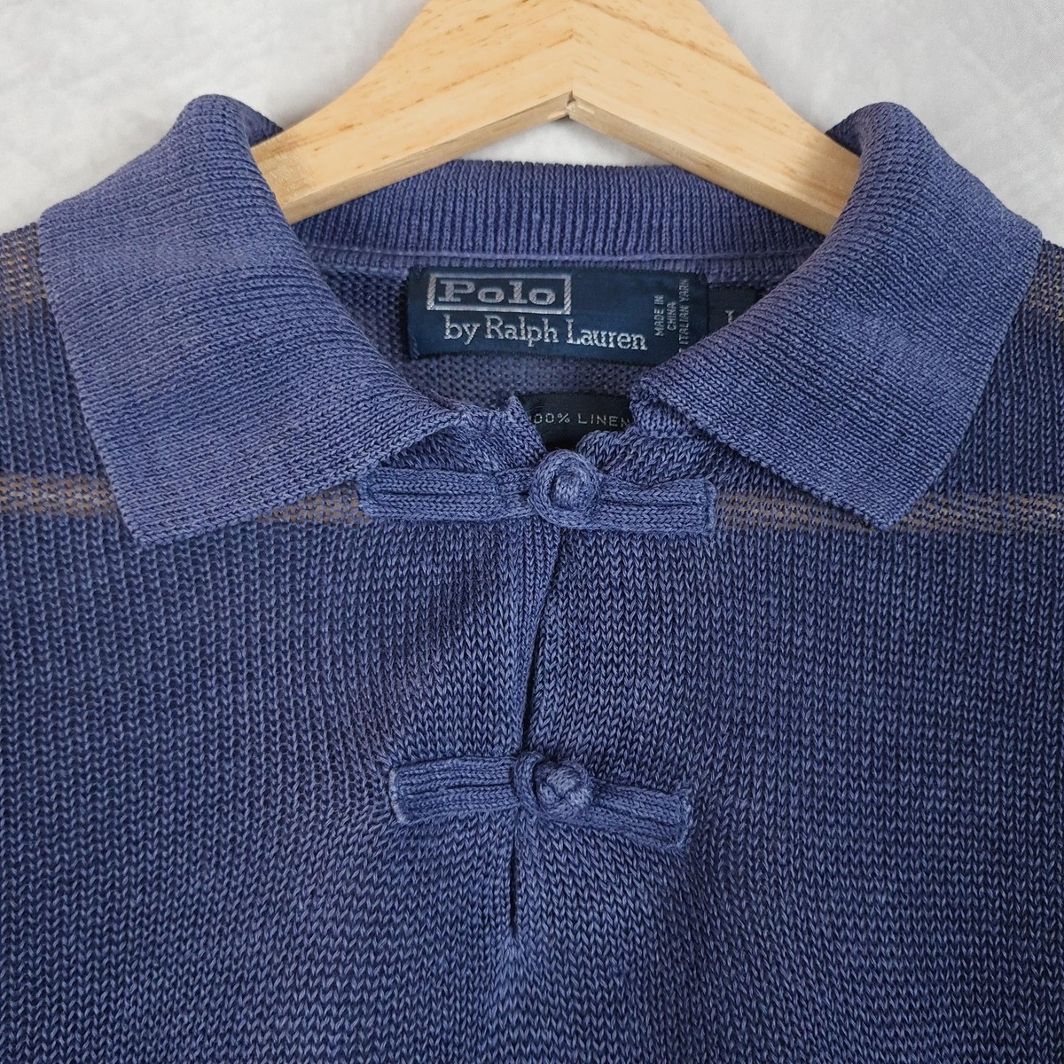 Polo Ralph Lauren Shirt Mens Large Blue Linen Dragon Knit Collared
