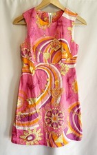 Jules Reid 60's GOGO Dress Pink/Orange Size 4 Sleeveless Mini Jewel Print