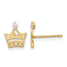 14k Yellow Gold Kids CZ Crown Childrens Stud Earrings
