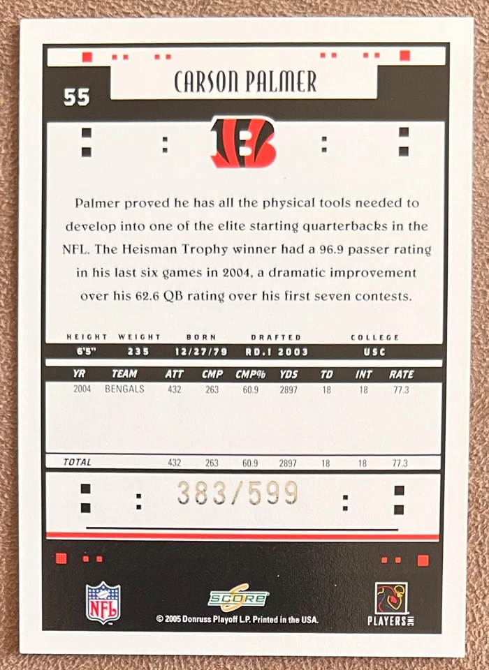 2005 Score Scorecard #55 Carson Palmer /599 Cincinnati Bengals Numbered Parallel - Image 2 of 2