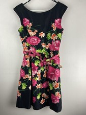 Eliza J Dress Black Pink Floral Fit Flare Sleeveless Pockets Belt Dress Size 8