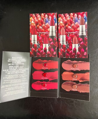 4x MAC Lipstick Sample Cards Velvet Teddy,Mocha,Hug me+ Ruby Woo,MAC Red,Cockney