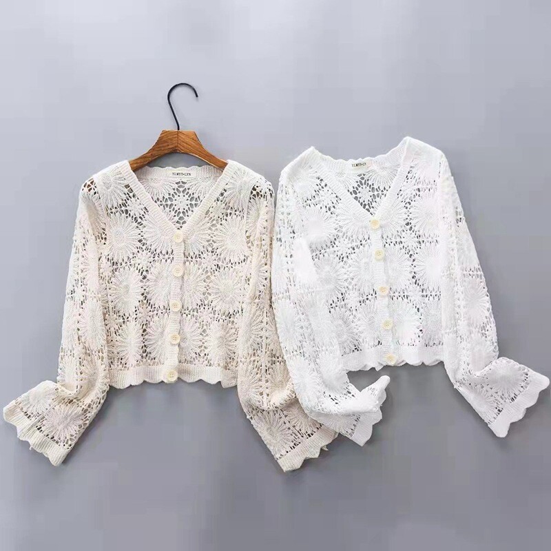 Women Lace Crochet Cardigan Blouse V-neck Hollow Knitted