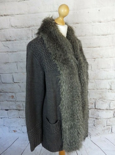 Topshop chunky cable knit cardigan coatigan 16 faux fur trim cosy bust 46" - Picture 11 of 12