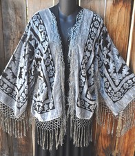 ART TO WEAR BLACK SILVER SILK VELVET BURNOUT FRINGED SHORT KIMONO JACKET, OS