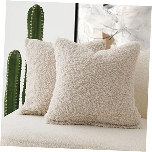 2 Pieces 20x20 Inch Neutral Cream, Faux Fur Throw Pillow Cover Accent Sherpa