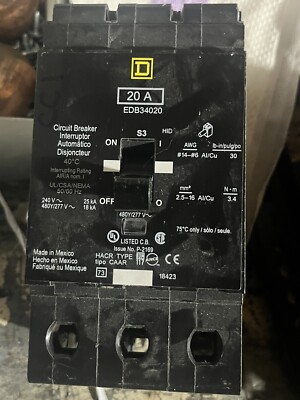 Square D EDB34020 20A 3 Poles Bolt On Circuit Breaker