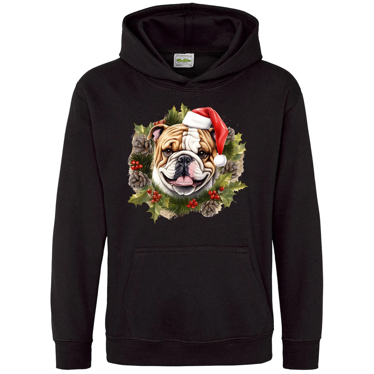 English Bulldog Christmas Wreath Hoodie For Kids Dog Walking