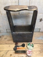 Vintage Handmade Primitive Wooden Shoe Shine Box w/ Footrest Polish Brushes