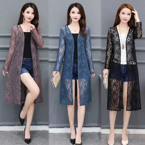 Women Lace Kimono Cardigan Sheer Floral Midi Shawl Jacket Open Front Robe - Picture 2 of 21