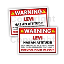 LEVI HAS AN ATTITUDE 2 Funny Warning Stickers 5" wide orange Set of 2