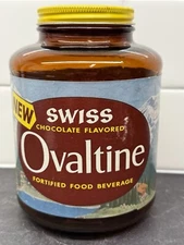 RARE Vintage Ovaltine Swiss Chocolate Flavored Amber Glass Jar With Paper Label