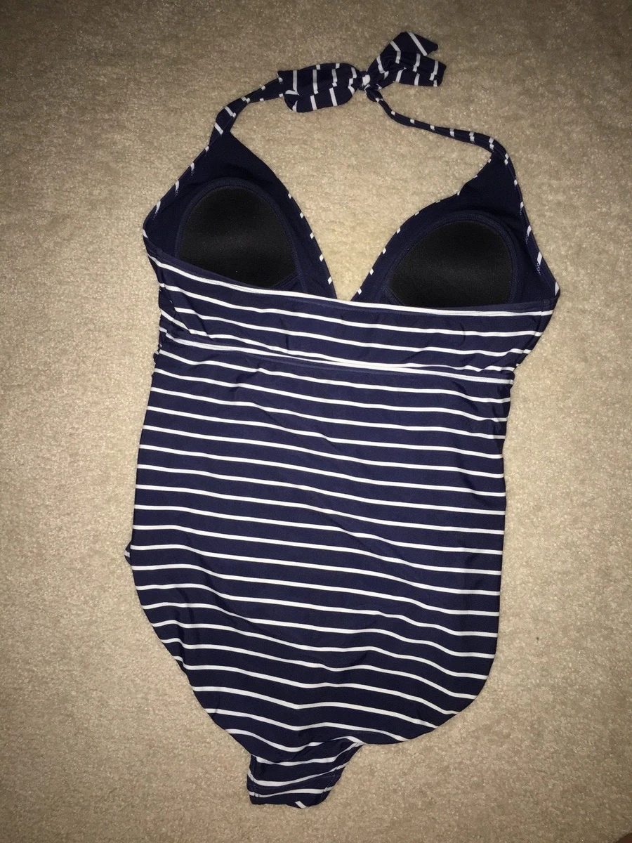 GAP BODY Blue White Stripe One Piece Swimsuit Size Large Halter Strap Neck Tie