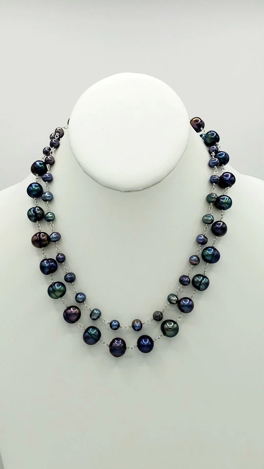 Collar de plata de ley de doble capa de perlas reales de agua dulce gris