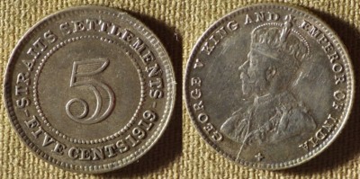 Straits Settlements : 1919 5 Ct CH.AU-UNC Luster #31 IR7862