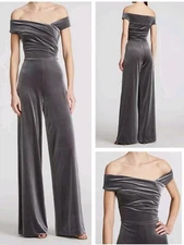 NEW $495 Halston Size 10 Gray Wren Off the Shoulder Steel Velvet Jumpsuit NWT