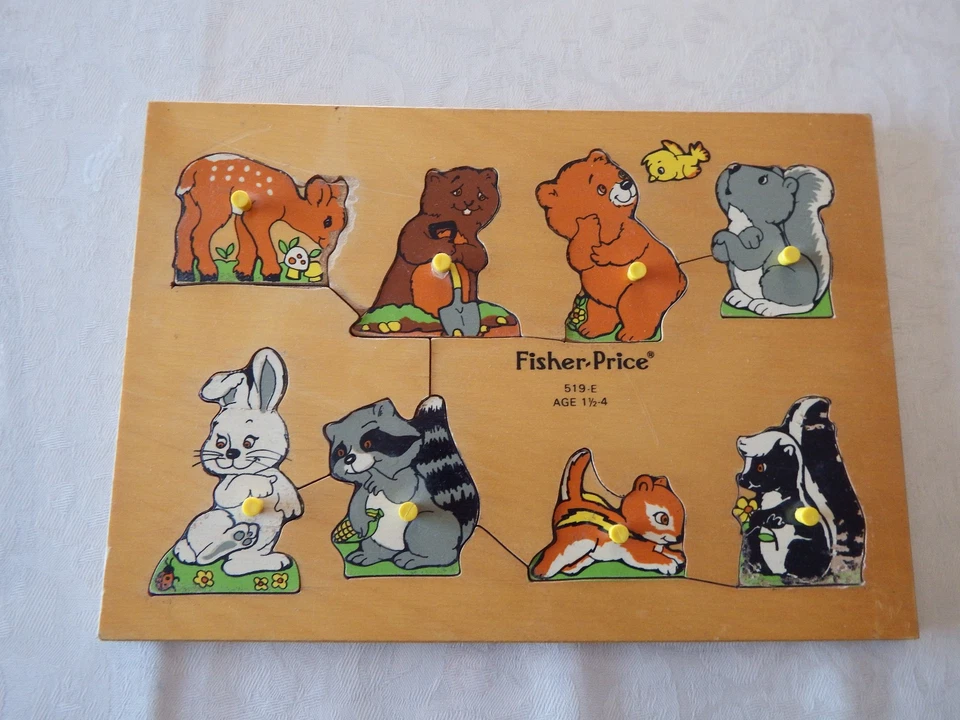 Ancien Puzzle en Bois Fisher Price " Animaux De La Forêt " Années 70 Vintage - Photo 1/4