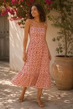 GAP Smocked Coral Floral Maxi Sundress Resort Ruffle Hem Adjustable Straps Sz 2
