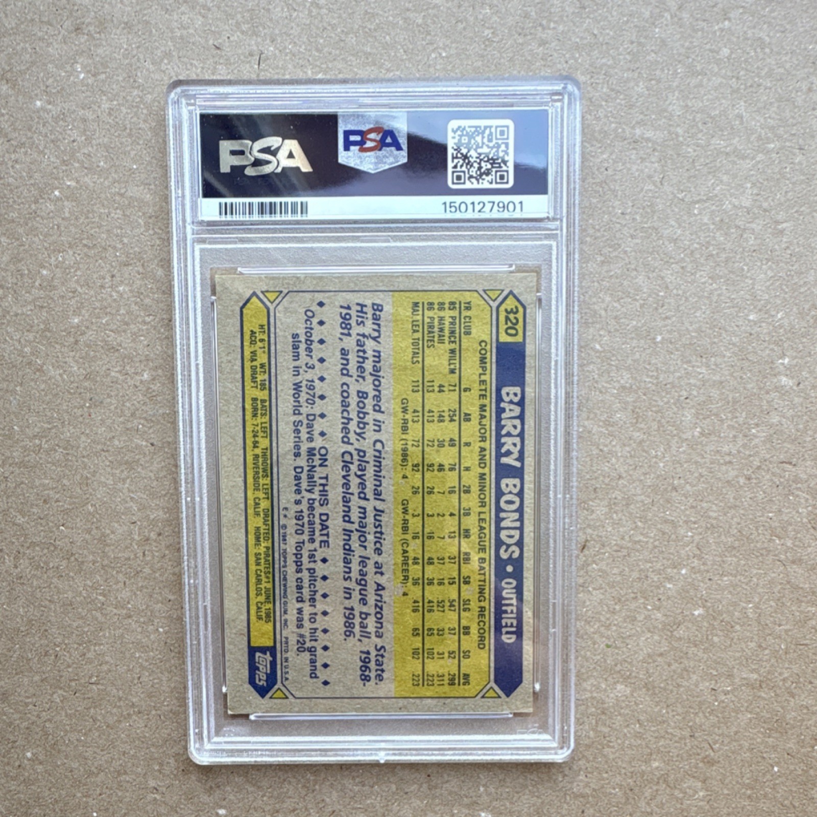 Topps 1987 #320 Barry Bonds Pittsburgh Pirates Rookie PSA 8 Baseball Card view 2