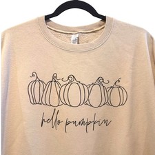 Womens "Hello Pumpkin" Crewneck Sweatshirt Long Sleeve Beige Graphic Fall Size L