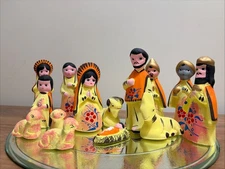 VTG 14 Piece Mexican Christmas Nativity Manger Set Tonala Pottery Hand Painted