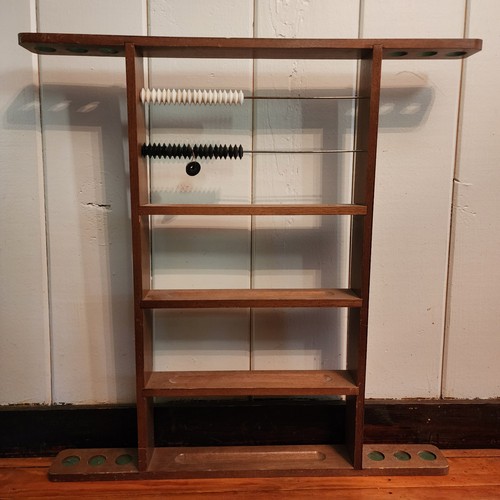Vintage Wall Mount Pool Cue 6 Stick Rack with Score Counter & Ball Shelves