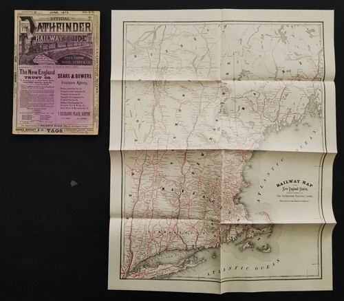 1875 antique RAILROAD GUIDE TIMETABLES w foldout MAP maps ads steamers rr