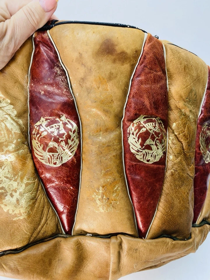 Vintage Mid Century Moroccan “Egyptian” Leather Pouffe Ottoman Footstool 70’s - Image 3 of 4